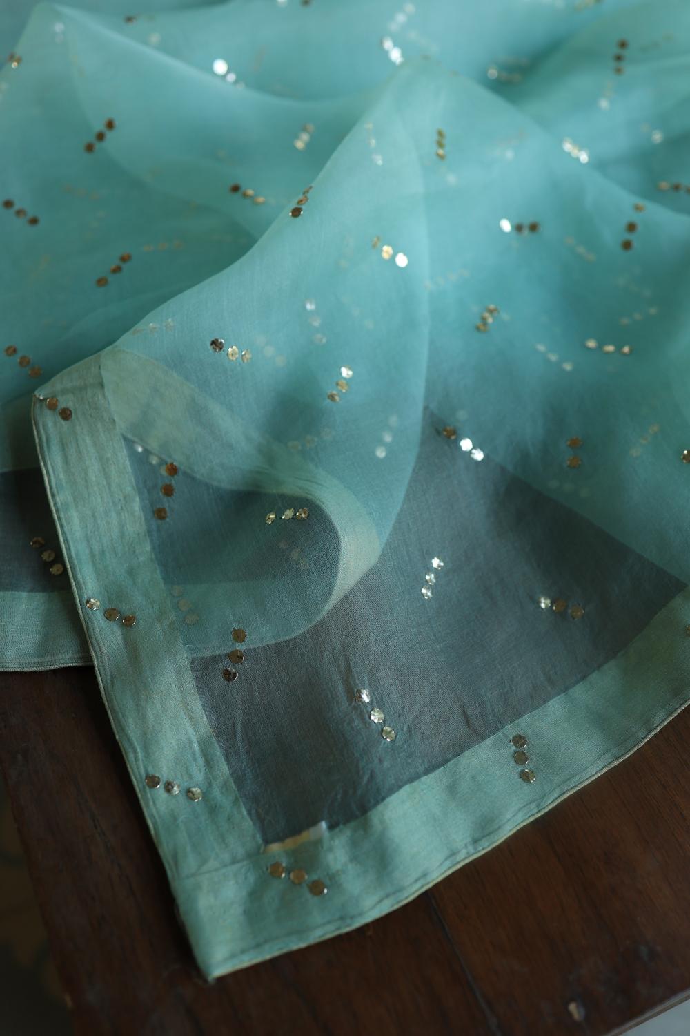 Sea Green Noor Organza Silk Mukaish Badla Unstitched Kurta Dupatta Set