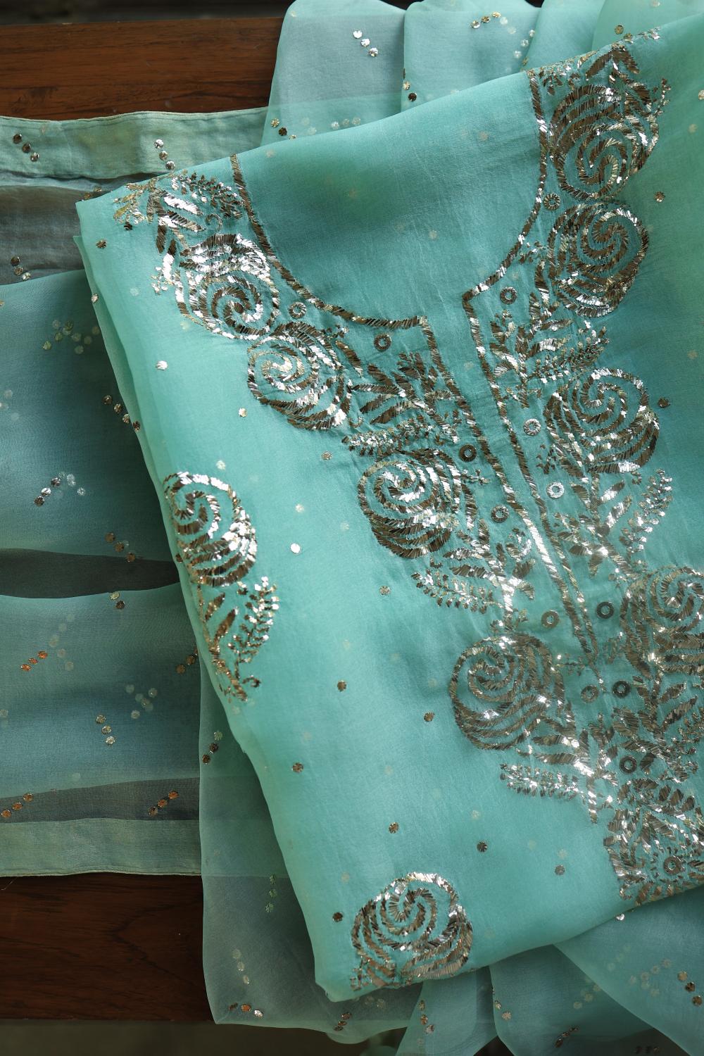 Sea Green Noor Organza Silk Mukaish Badla Unstitched Kurta Dupatta Set