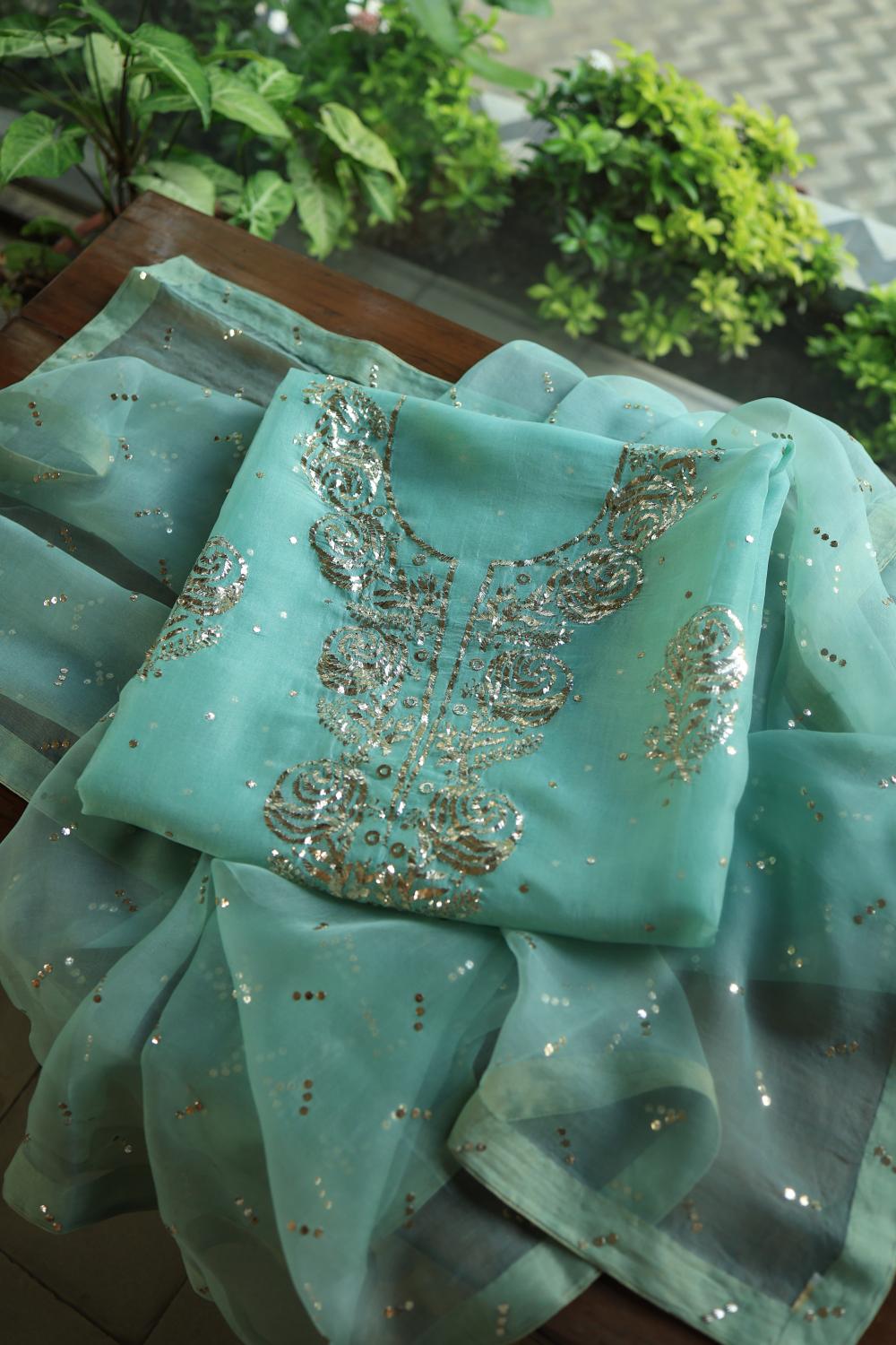 Sea Green Noor Organza Silk Mukaish Badla Unstitched Kurta Dupatta Set