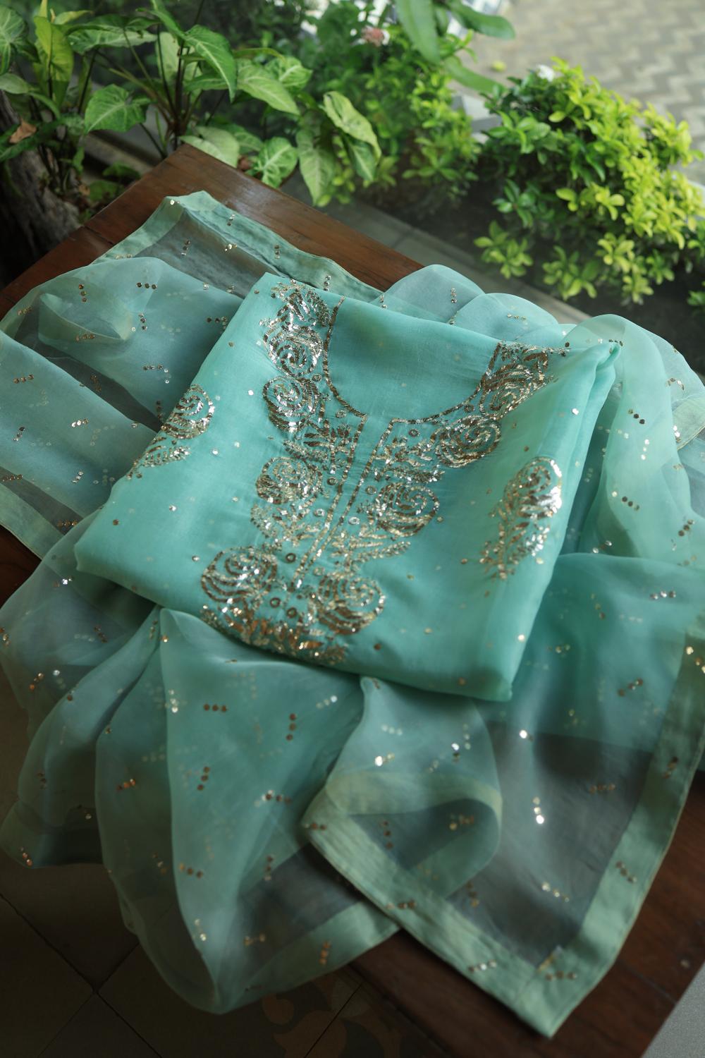 Sea Green Noor Organza Silk Mukaish Badla Unstitched Kurta Dupatta Set