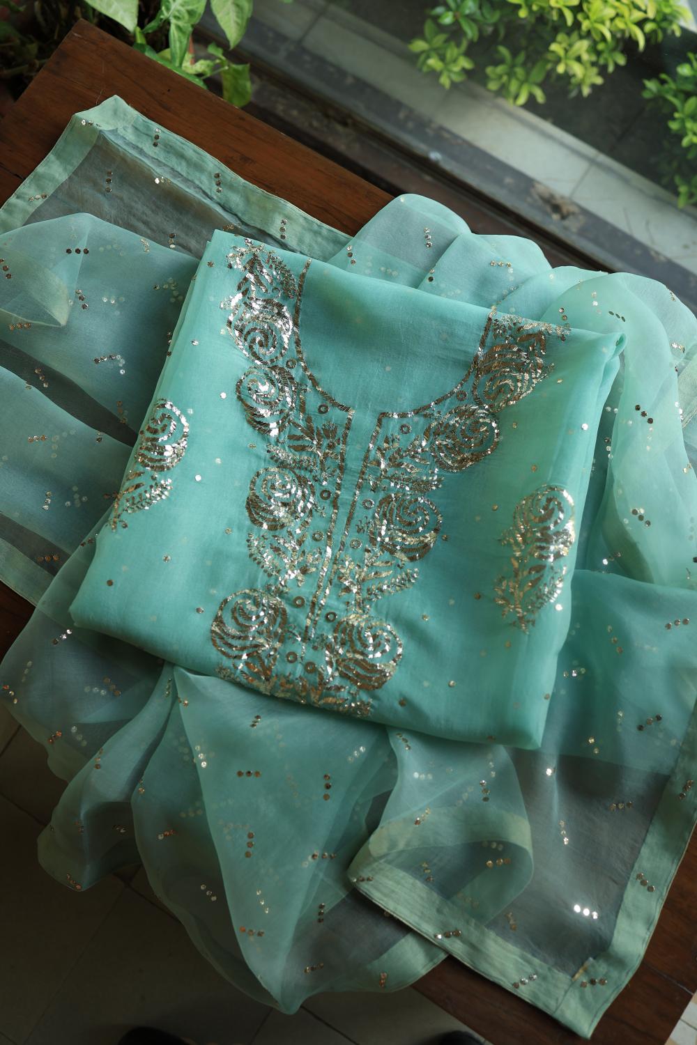 Sea Green Noor Organza Silk Mukaish Badla Unstitched Kurta Dupatta Set