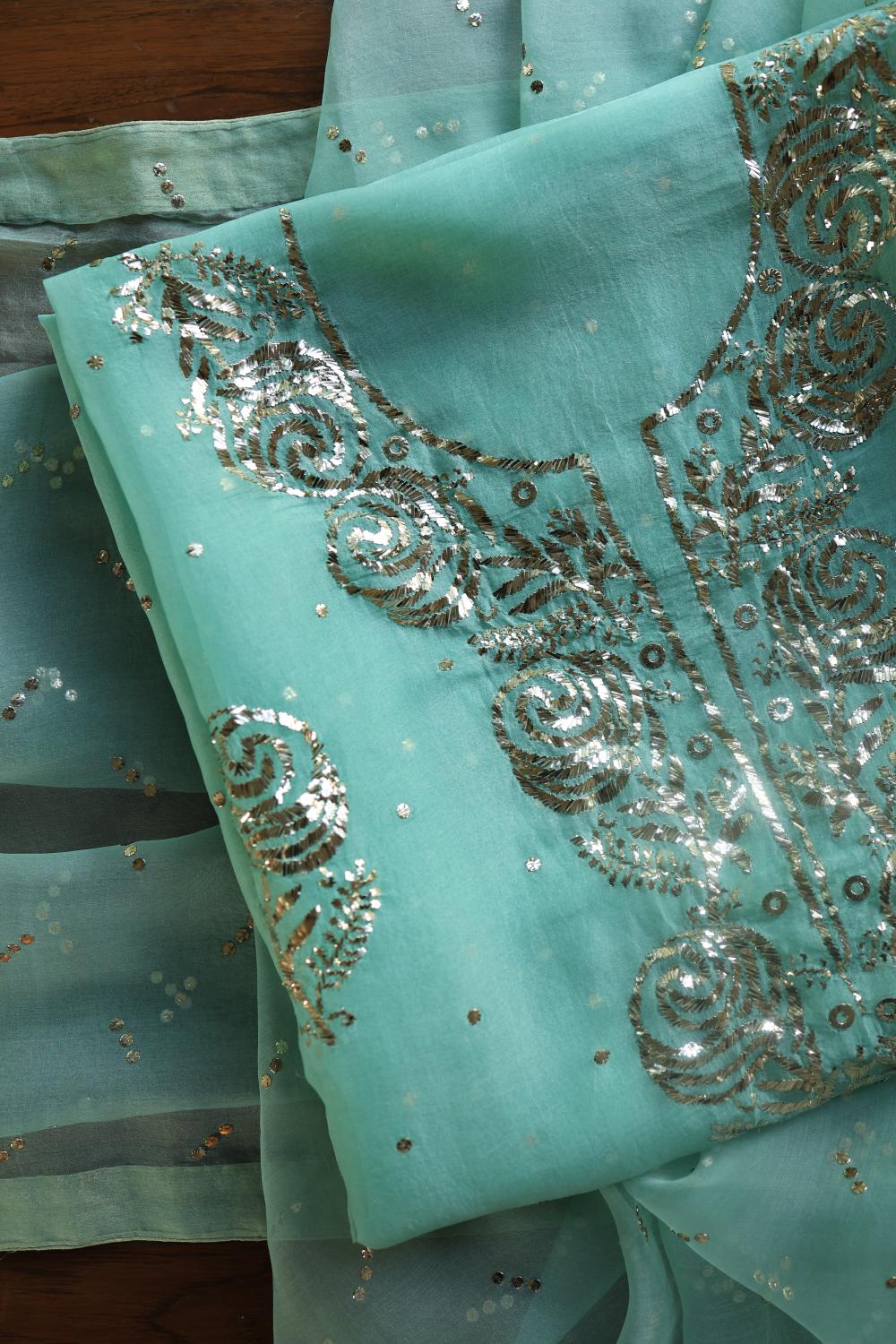 Sea Green Noor Organza Silk Mukaish Badla Unstitched Kurta Dupatta Set