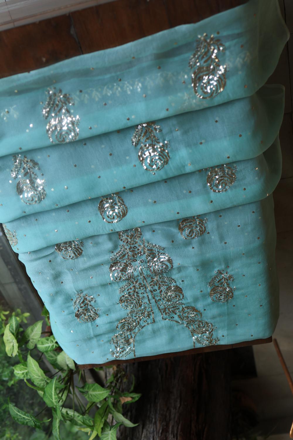 Sea Green Noor Organza Silk Mukaish Badla Unstitched Kurta Dupatta Set