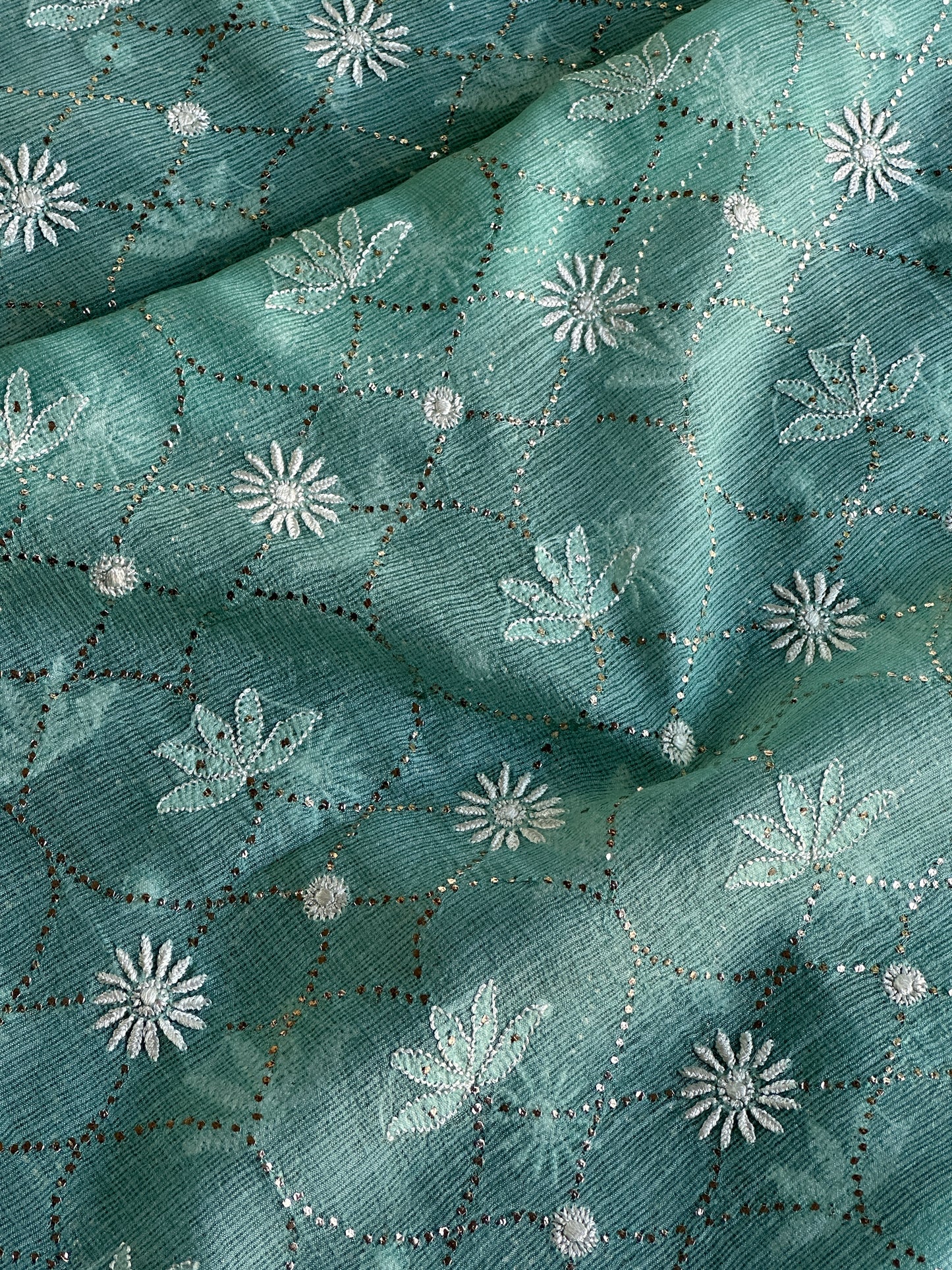 Sea Green Rasm Kota Tussar Chikankari Unstitched Chikankari Fabric