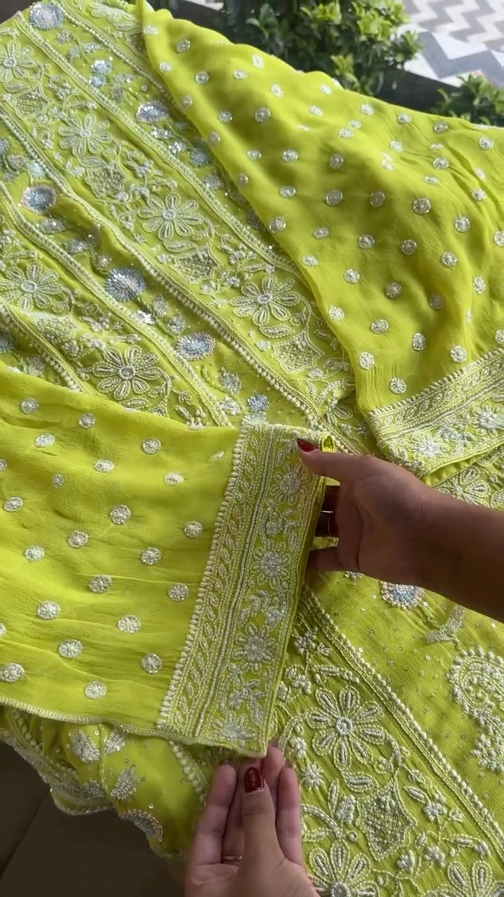 Semi Stitched Georgette Multi - Zardosi Chikankari Anarkali | Lime Neon