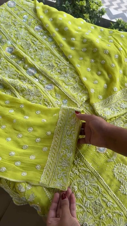 Semi Stitched Georgette Multi - Zardosi Chikankari Anarkali | Lime Neon