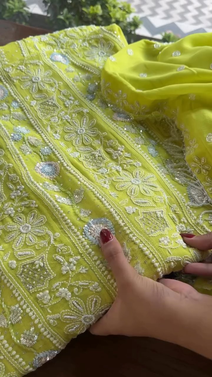 Semi Stitched Georgette Multi - Zardosi Chikankari Anarkali | Lime Neon