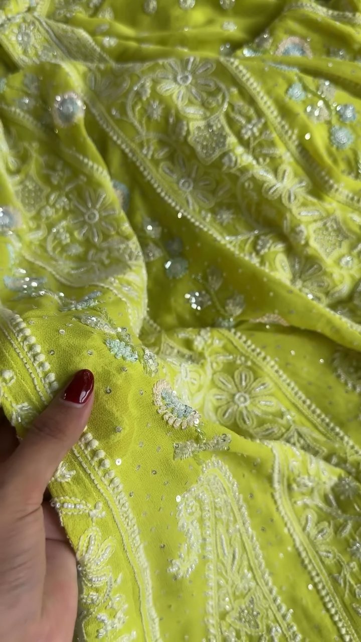 Semi Stitched Georgette Multi - Zardosi Chikankari Anarkali | Lime Neon