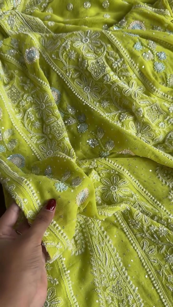 Semi Stitched Georgette Multi - Zardosi Chikankari Anarkali | Lime Neon