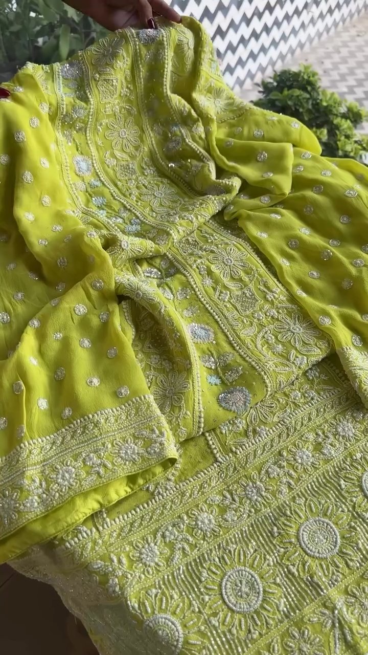 Semi Stitched Georgette Multi - Zardosi Chikankari Anarkali | Lime Neon
