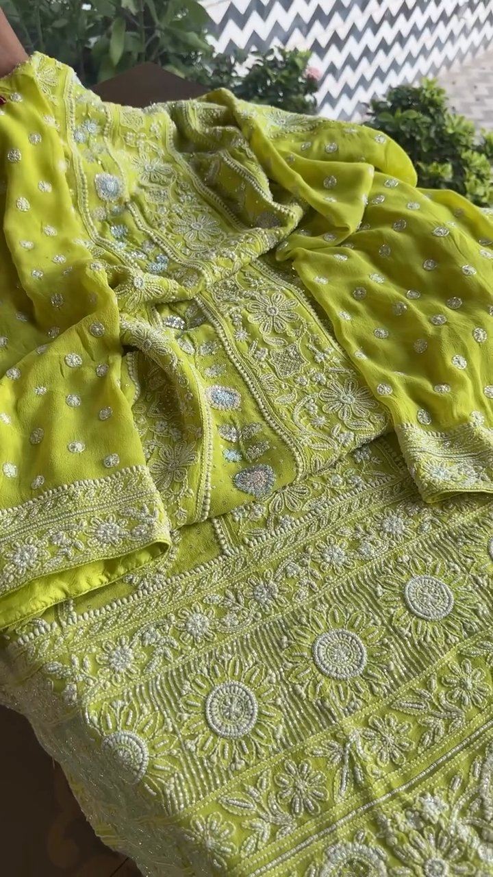 Semi Stitched Georgette Multi - Zardosi Chikankari Anarkali | Lime Neon