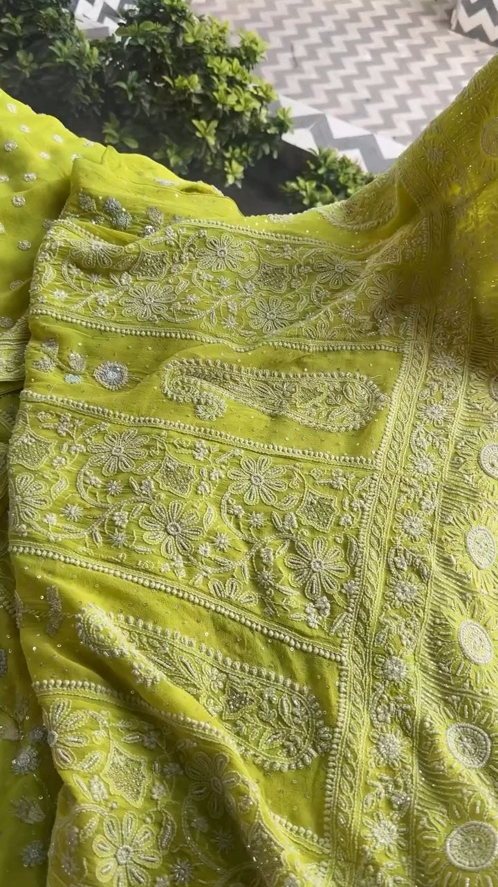 Semi Stitched Georgette Multi - Zardosi Chikankari Anarkali | Lime Neon