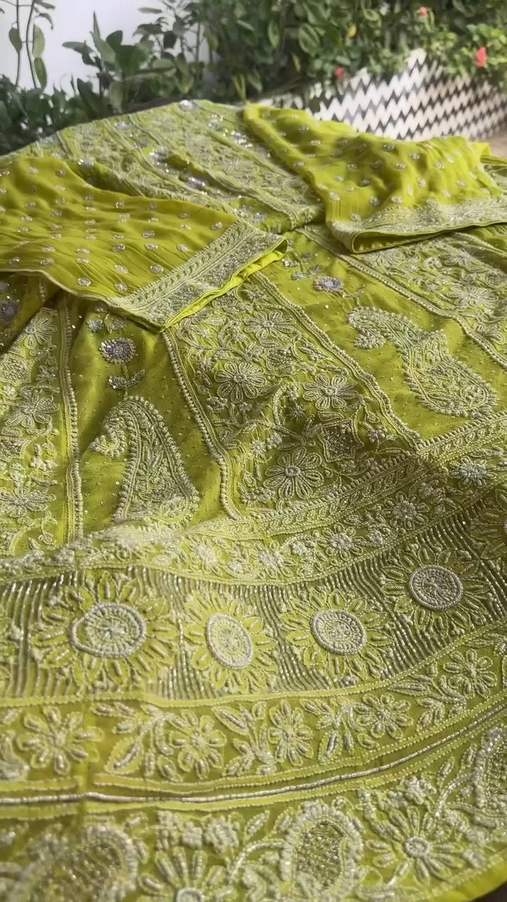 Semi Stitched Georgette Multi - Zardosi Chikankari Anarkali | Lime Neon