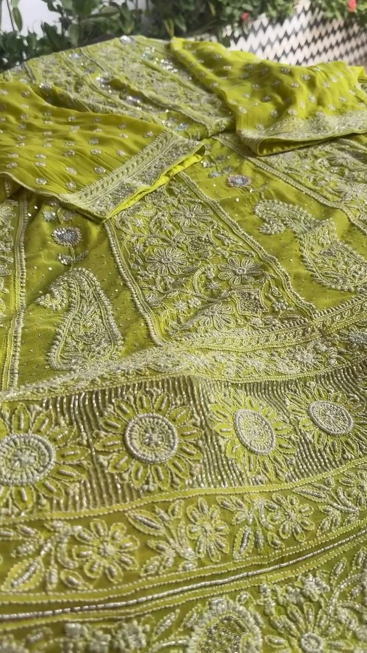 Semi Stitched Georgette Multi - Zardosi Chikankari Anarkali | Lime Neon