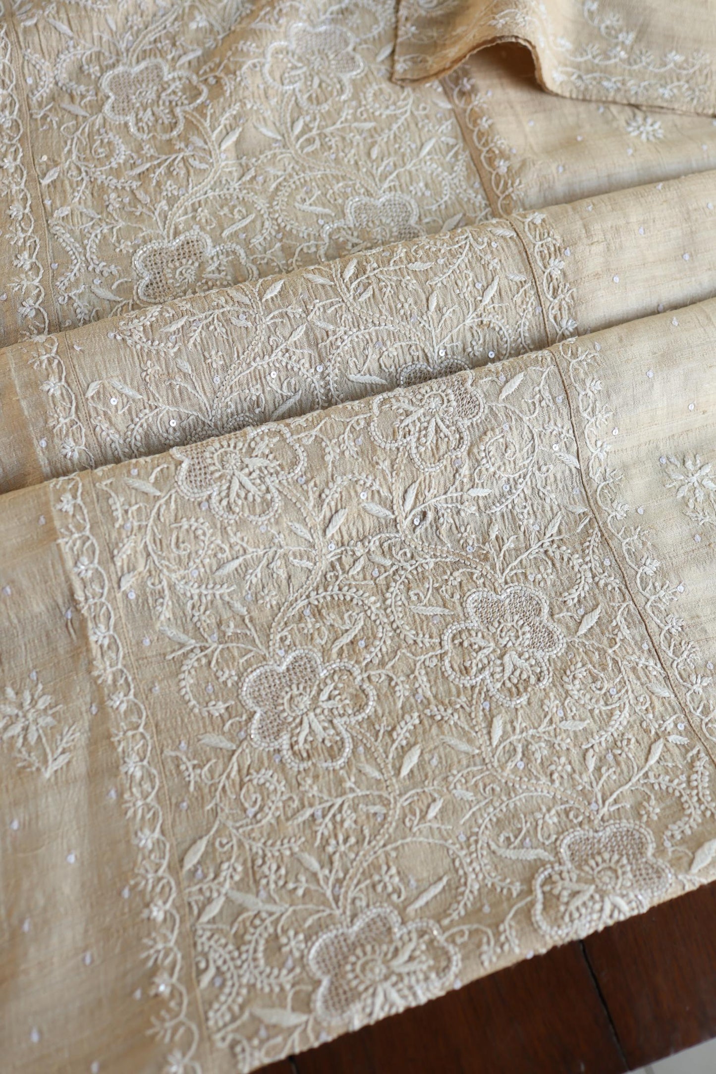 Semi Stitched Natural Tussar Silk Chikankari Kurta Dupatta Set