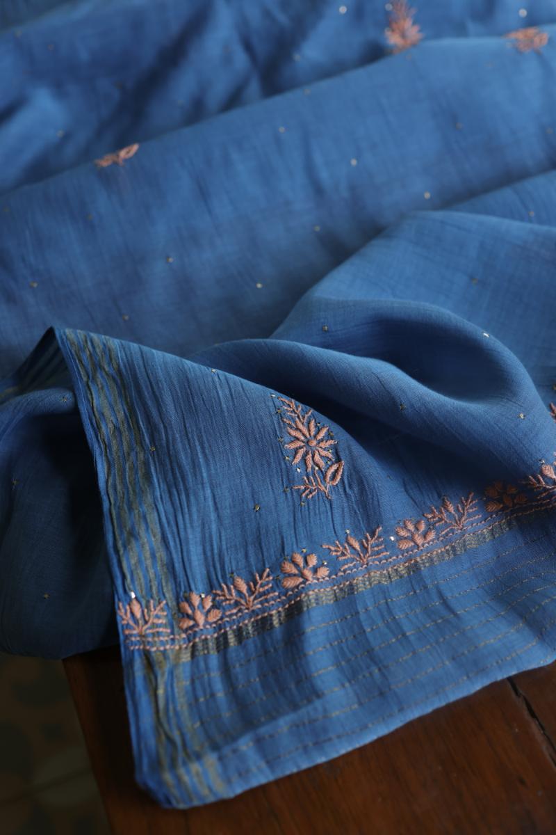 Silk Blue Mal Cotton Fine Chikankari With Kamdani Work Unstitched Fabric