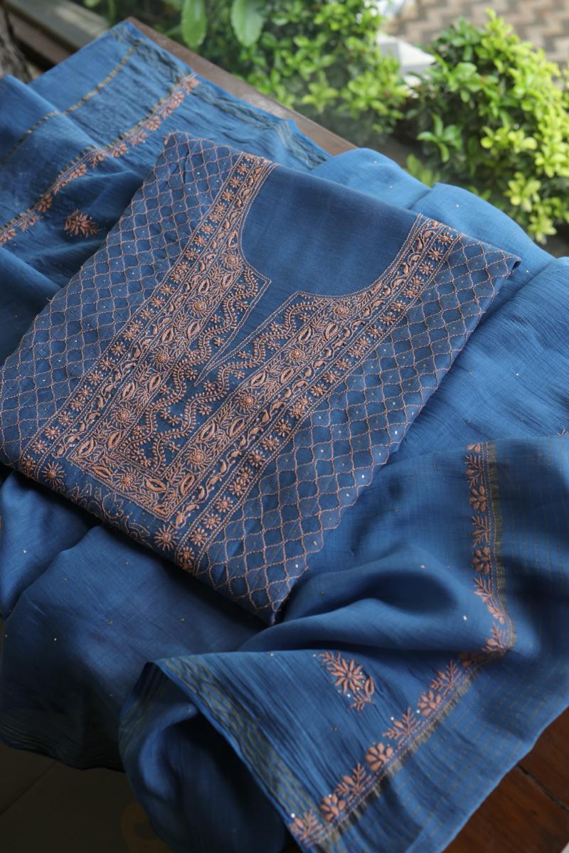 Silk Blue Mal Cotton Fine Chikankari With Kamdani Work Unstitched Fabric