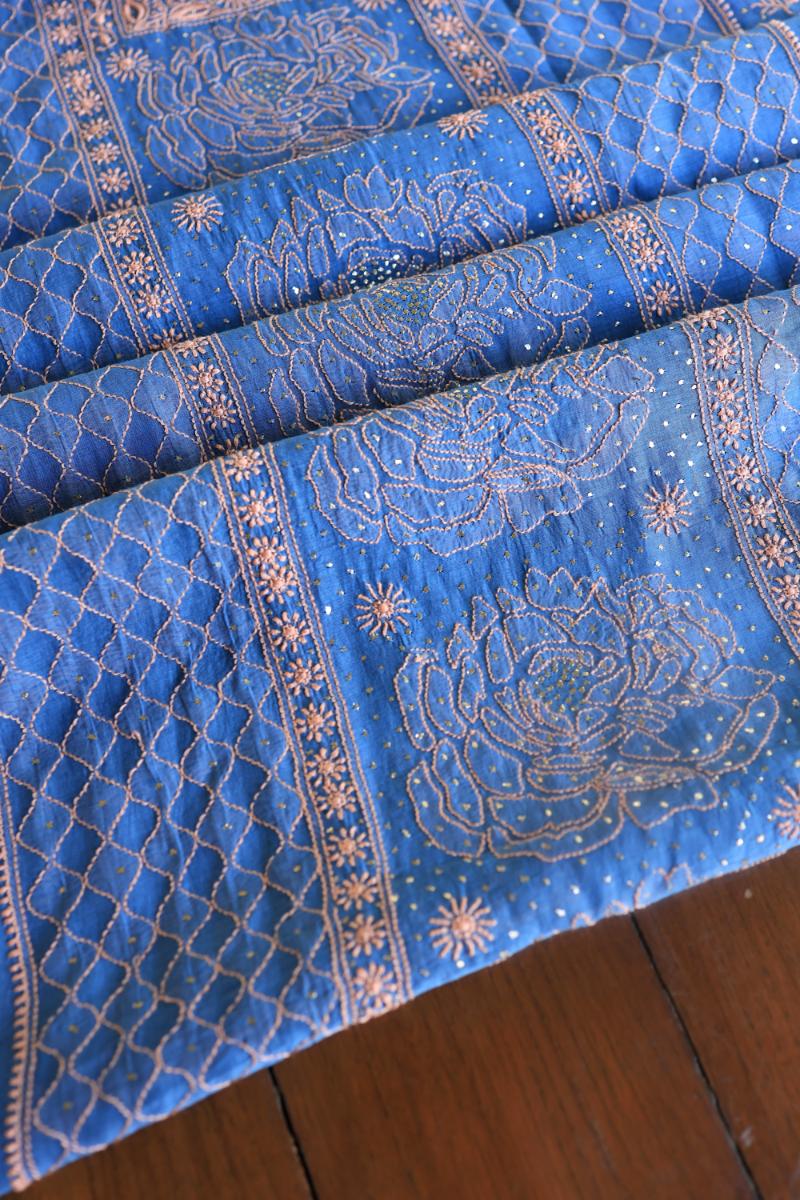 Silk Blue Mal Cotton Fine Chikankari With Kamdani Work Unstitched Fabric