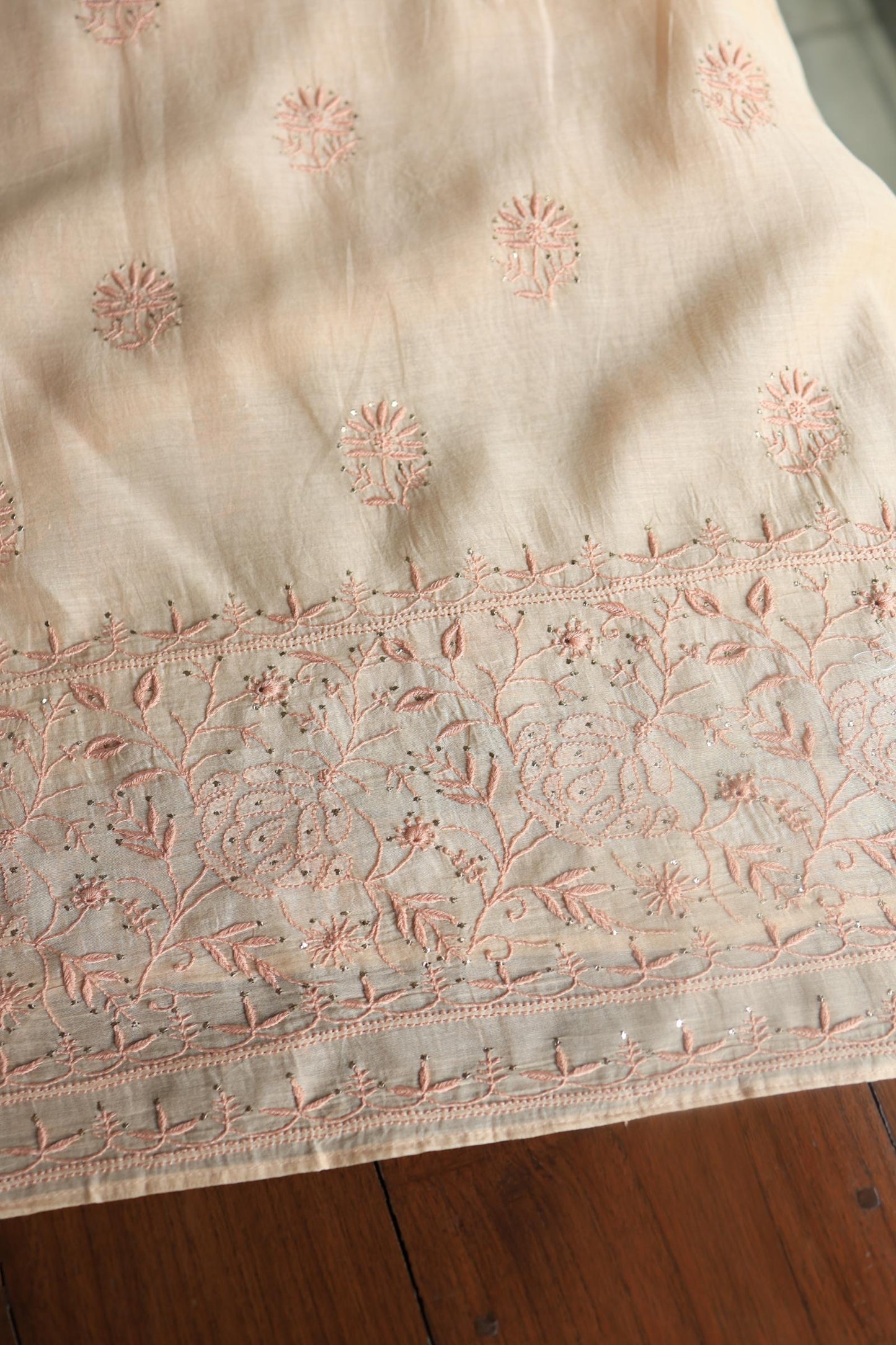 Silk Beige Mal Cotton Fine Chikankari With Kamdani Work Unstitched Fabric