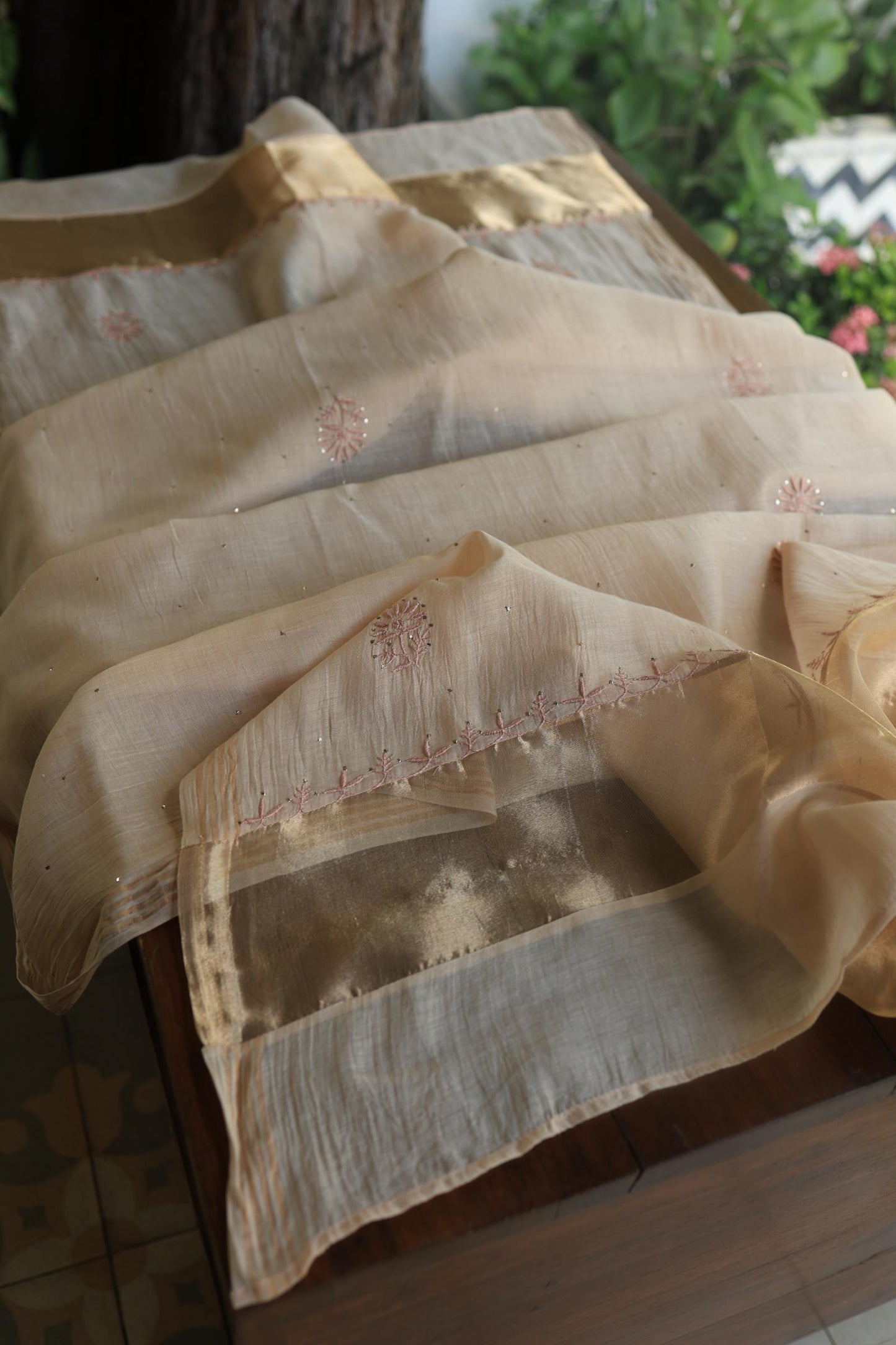 Silk Beige Mal Cotton Fine Chikankari With Kamdani Work Unstitched Fabric