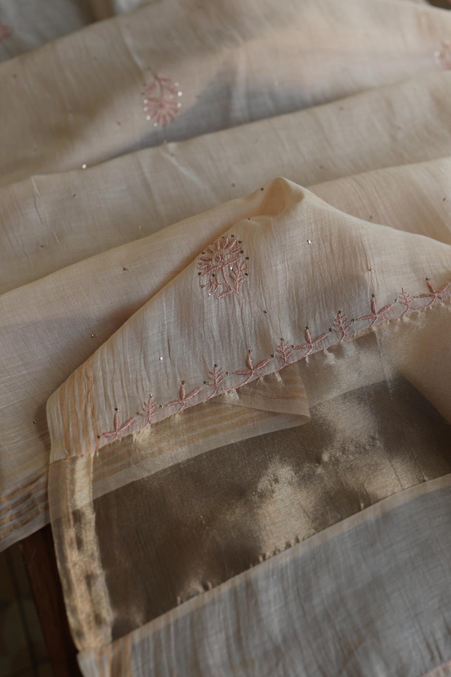 Silk Beige Mal Cotton Fine Chikankari With Kamdani Work Unstitched Fabric