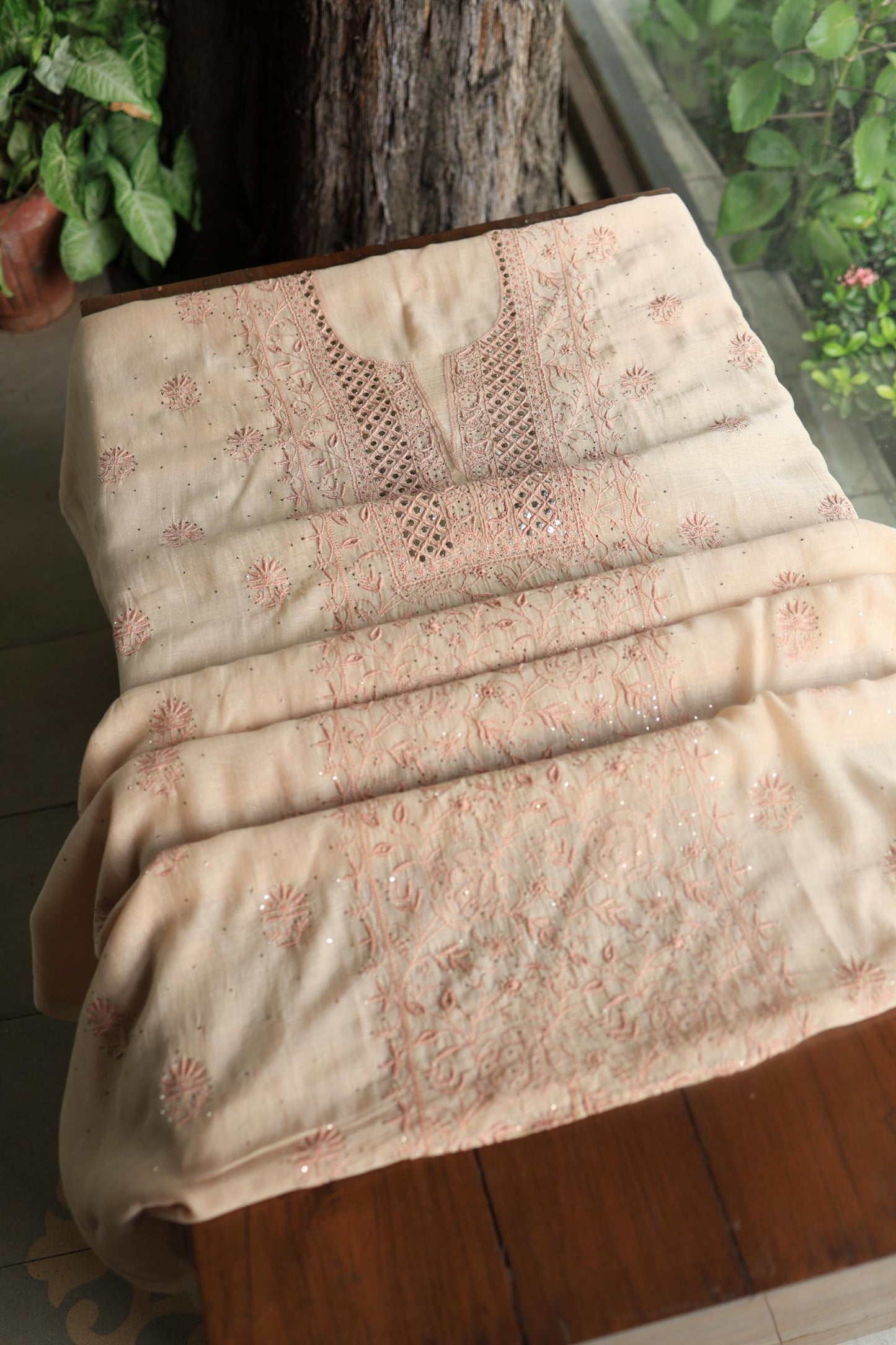 Silk Beige Mal Cotton Fine Chikankari With Kamdani Work Unstitched Fabric