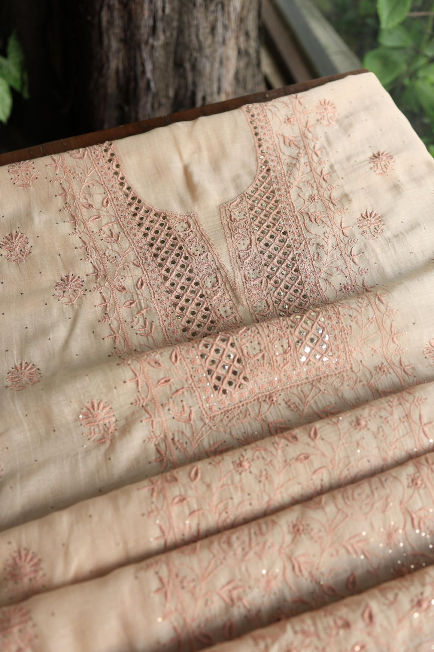 Silk Beige Mal Cotton Fine Chikankari With Kamdani Work Unstitched Fabric