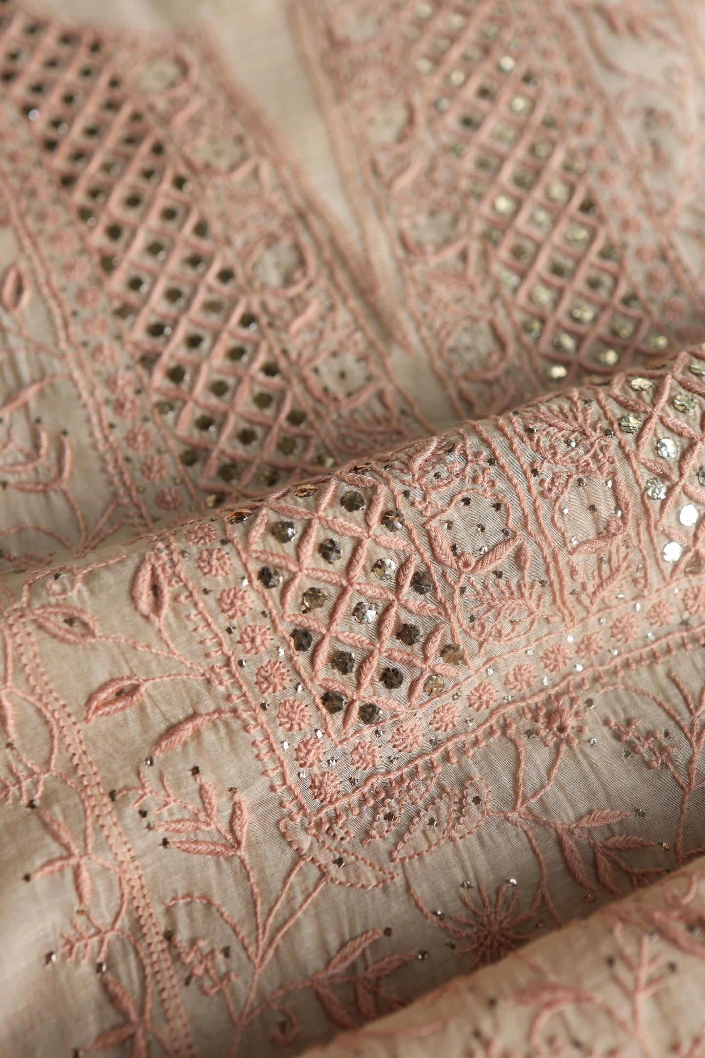 Silk Beige Mal Cotton Fine Chikankari With Kamdani Work Unstitched Fabric
