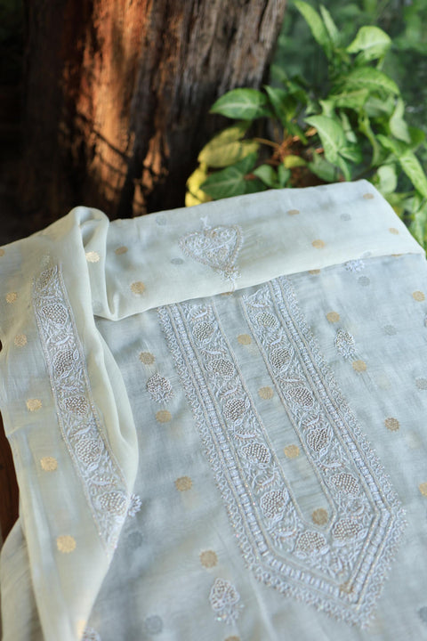 Silver Grey Shade Shade Zari Chanderi Unisex Chikankari Unstitched Men’s Kurta Fabric