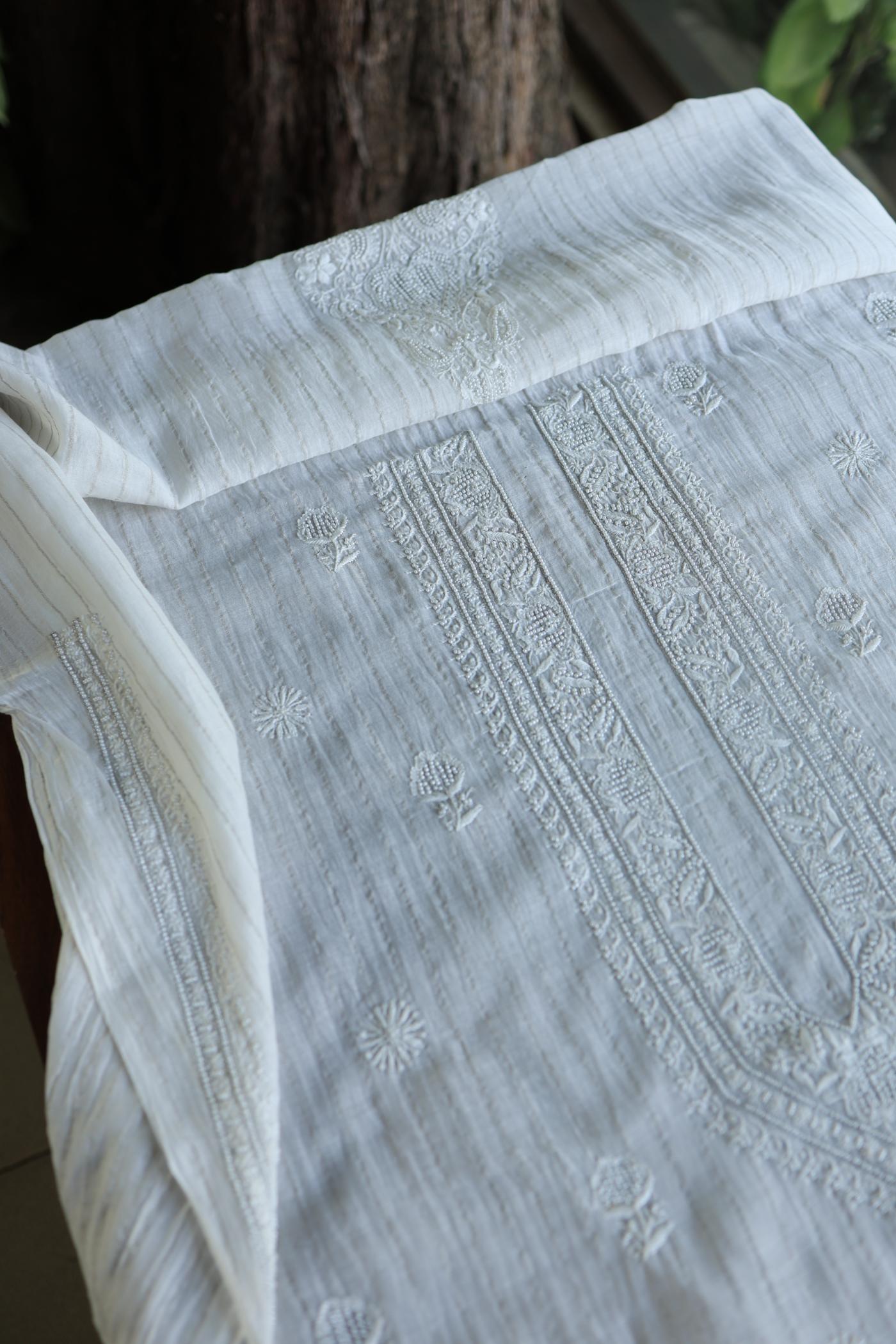 Silver White Zari Chanderi Unisex Chikankari Men’s Kurta Fabric