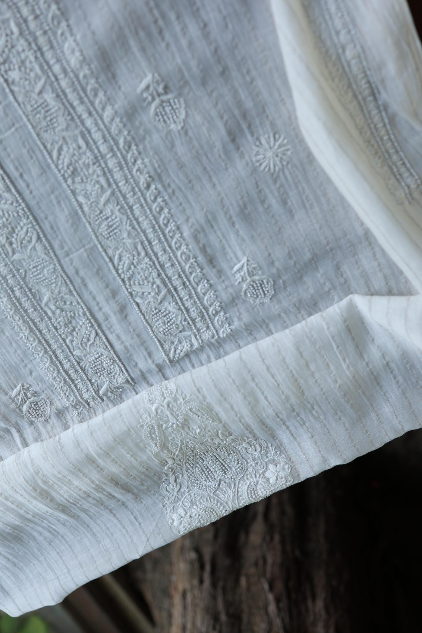 Silver White Zari Chanderi Unisex Chikankari Men’s Kurta Fabric