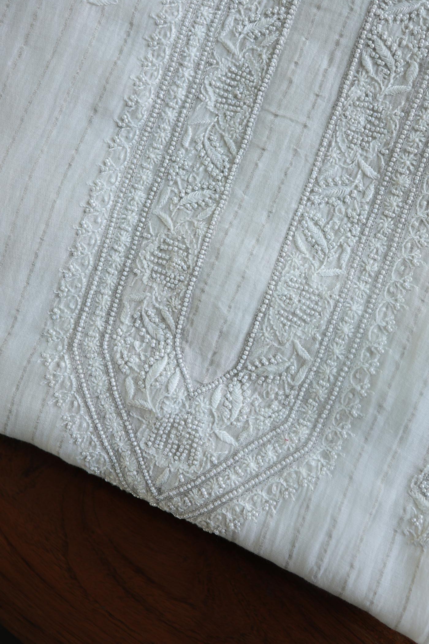 Silver White Zari Chanderi Unisex Chikankari Men’s Kurta Fabric