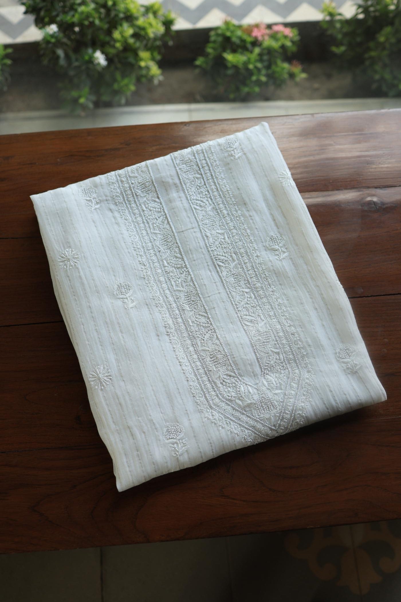 Silver White Zari Chanderi Unisex Chikankari Men’s Kurta Fabric