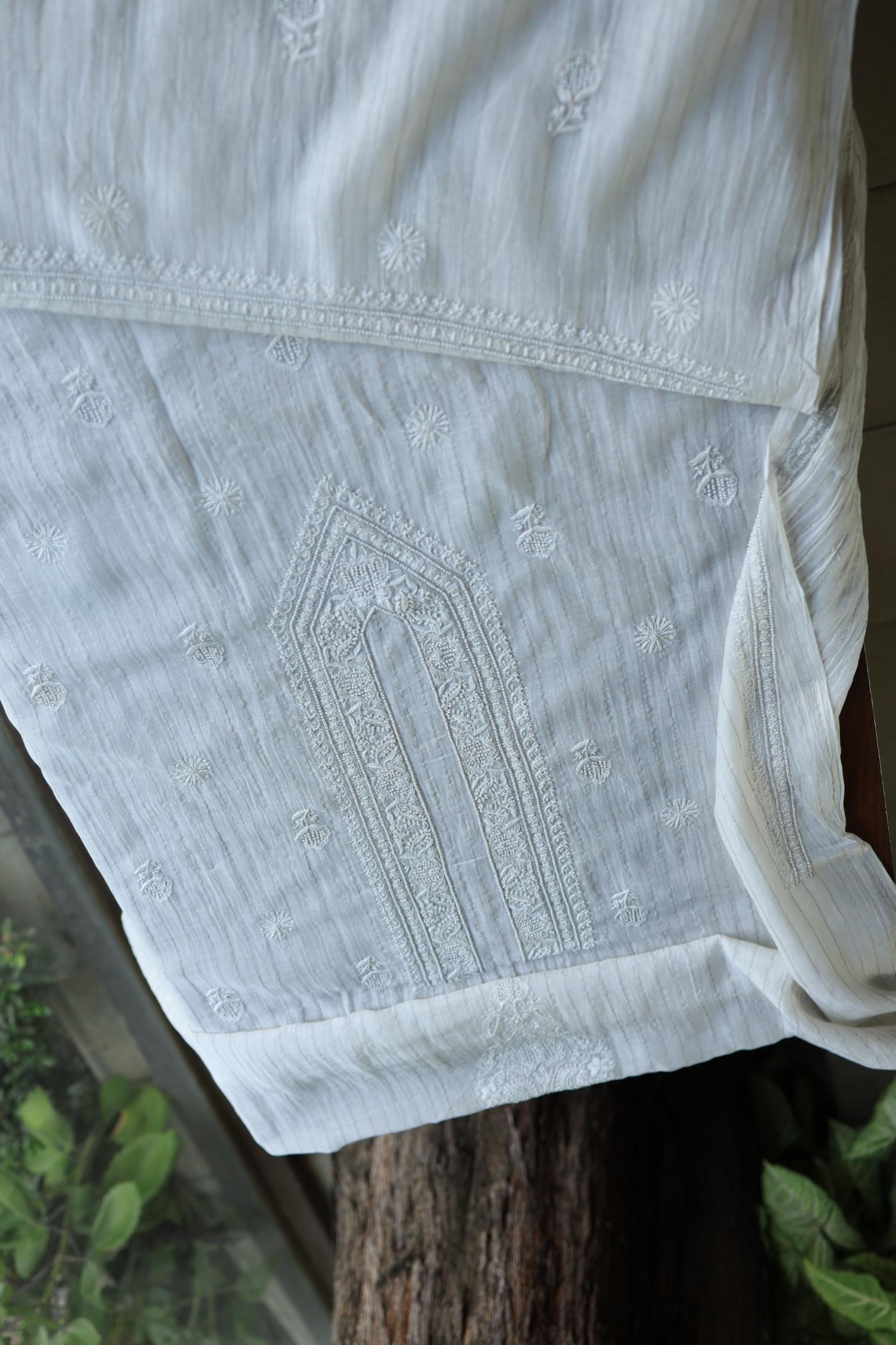 Silver White Zari Chanderi Unisex Chikankari Men’s Kurta Fabric