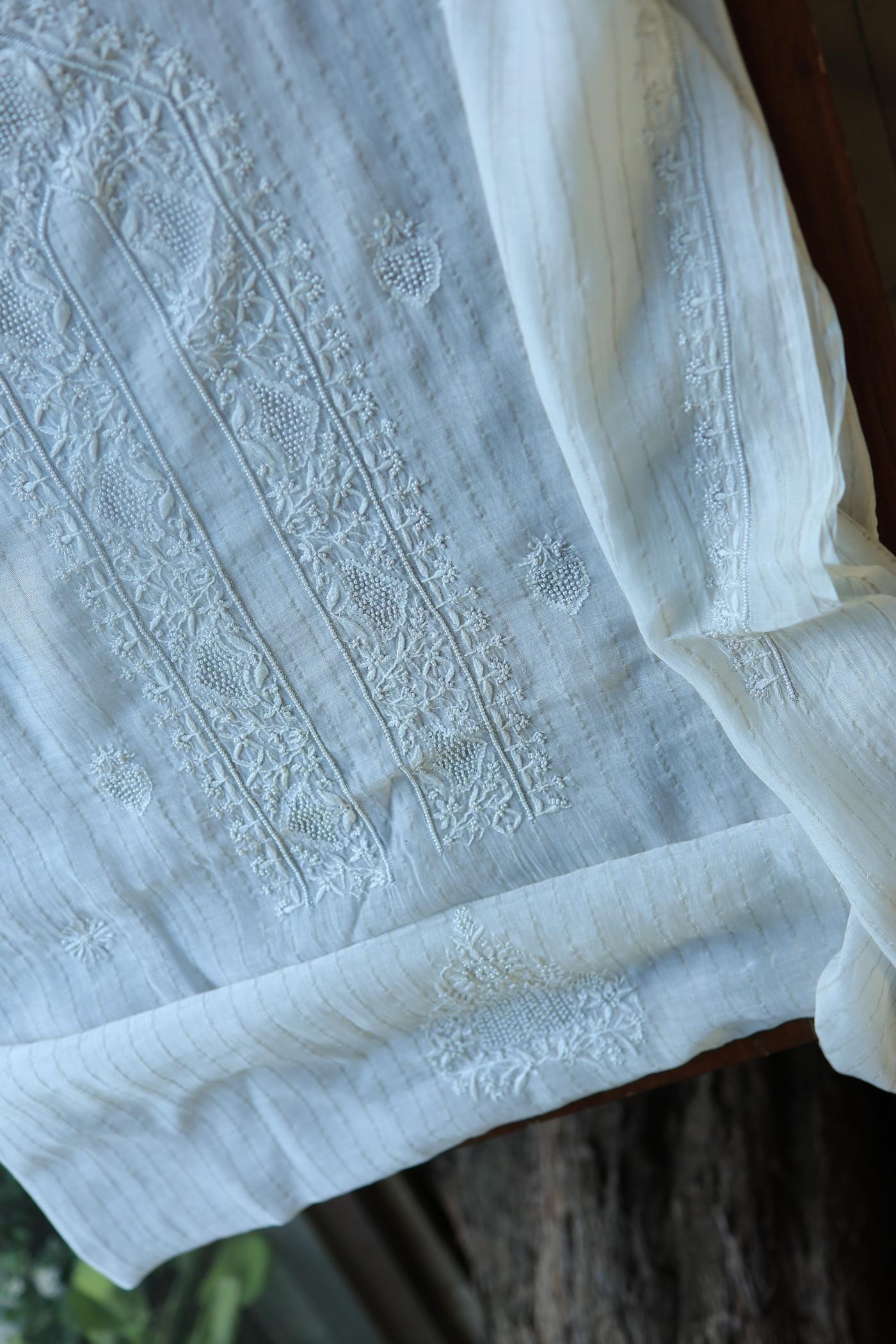 Silver Zari White Chanderi Unisex Chikankari Men’s Kurta Fabric