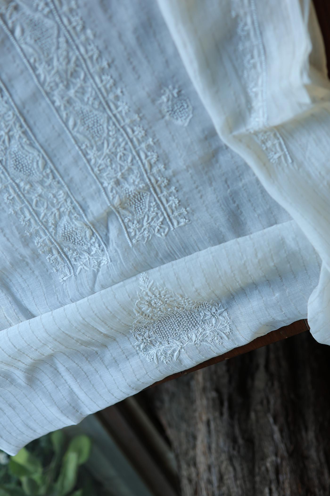 Silver Zari White Chanderi Unisex Chikankari Men’s Kurta Fabric