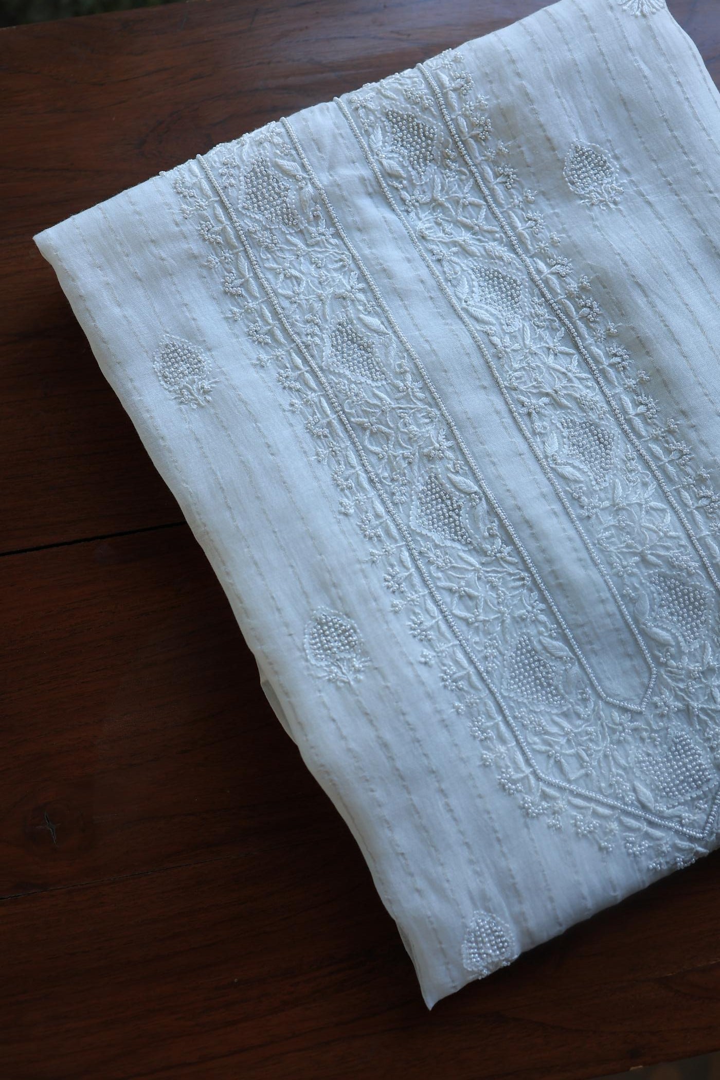 Silver Zari White Chanderi Unisex Chikankari Men’s Kurta Fabric