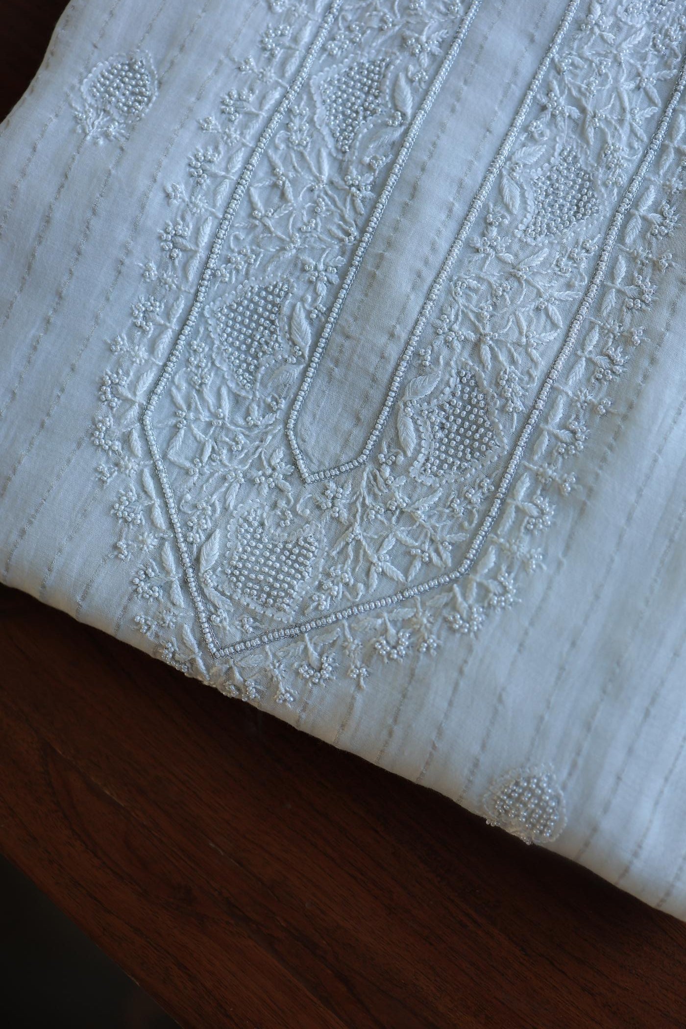 Silver Zari White Chanderi Unisex Chikankari Men’s Kurta Fabric