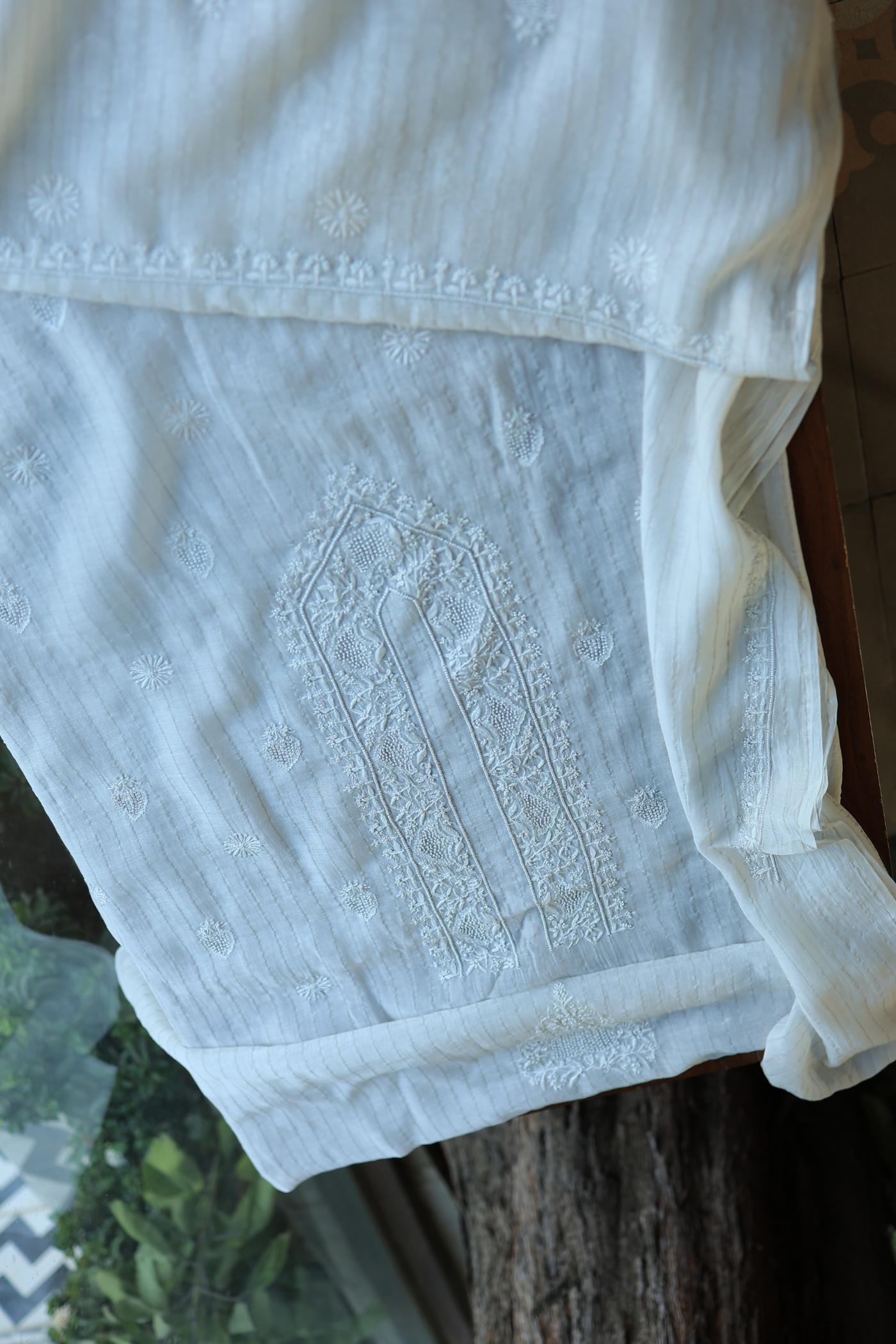 Silver Zari White Chanderi Unisex Chikankari Men’s Kurta Fabric