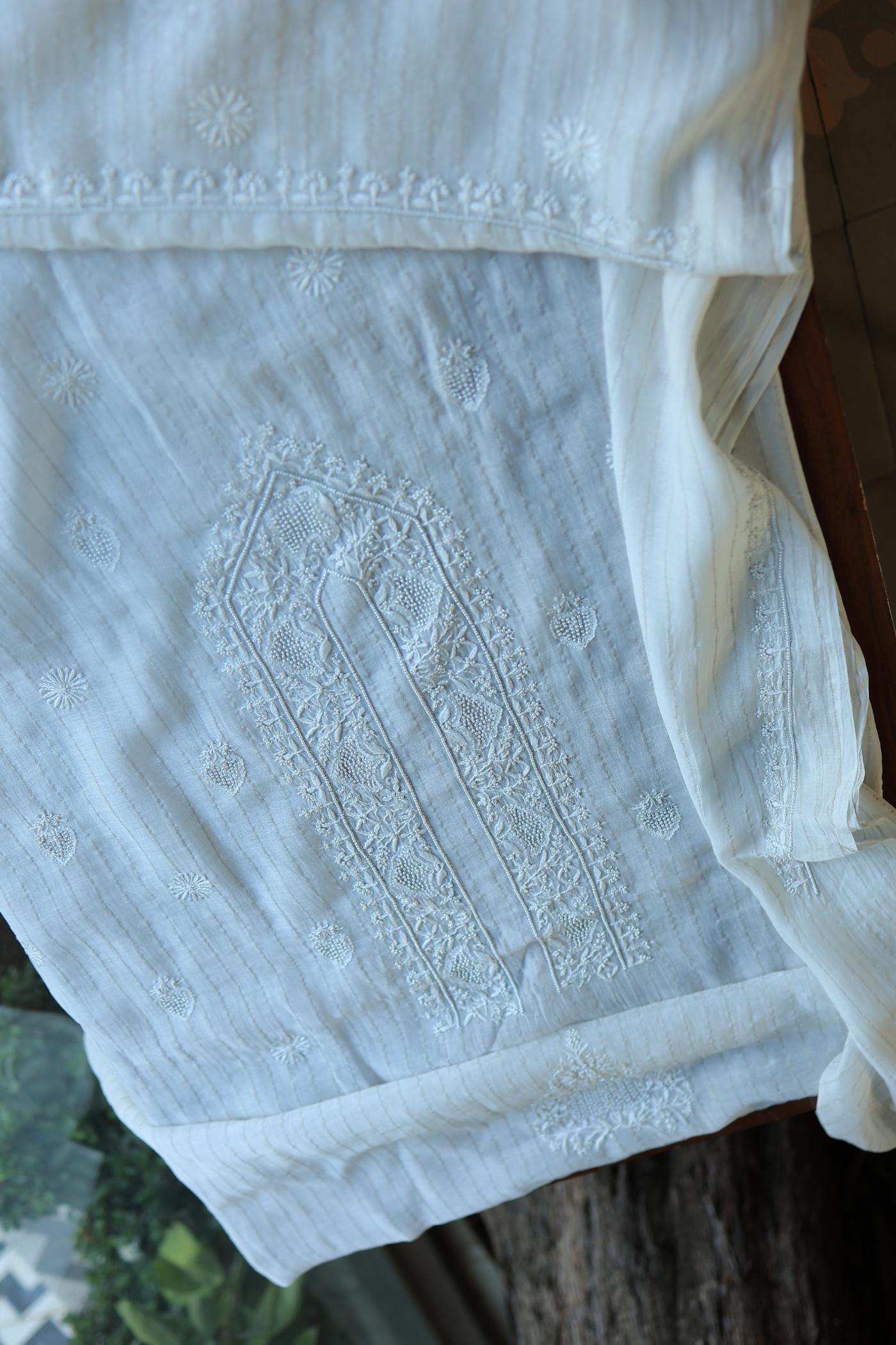 Silver Zari White Chanderi Unisex Chikankari Men’s Kurta Fabric