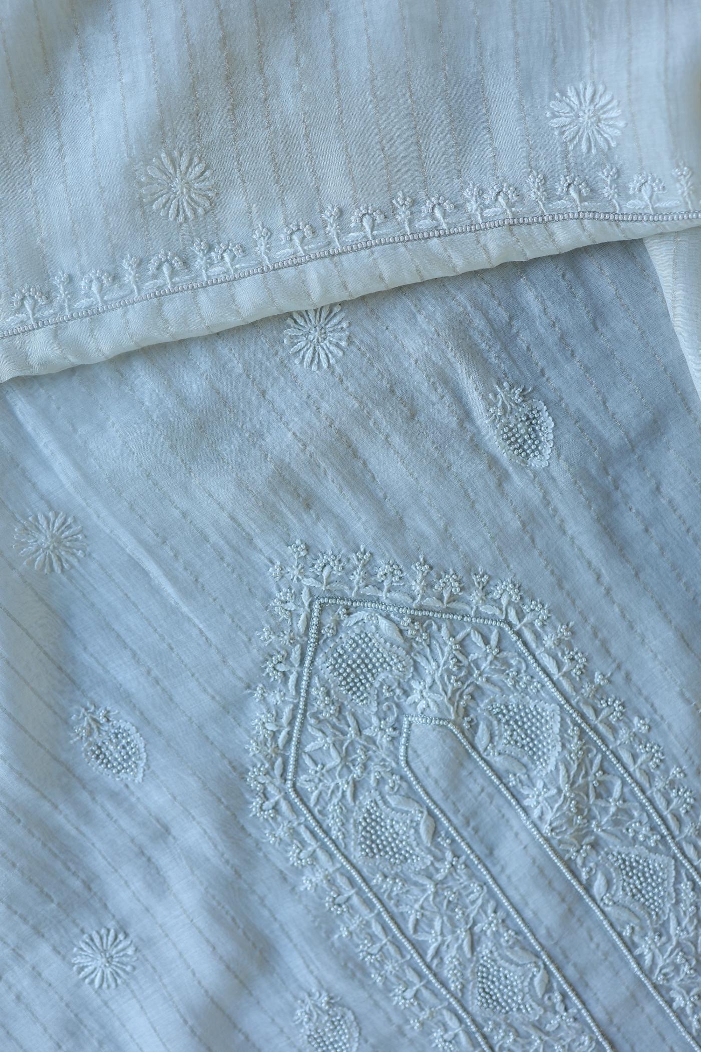 Silver Zari White Chanderi Unisex Chikankari Men’s Kurta Fabric