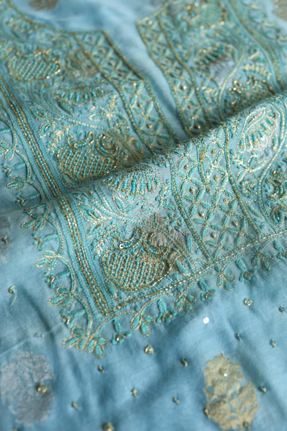 Sky Blue Banarasi Zari Chanderi Unstitched Chikankari Fabrics