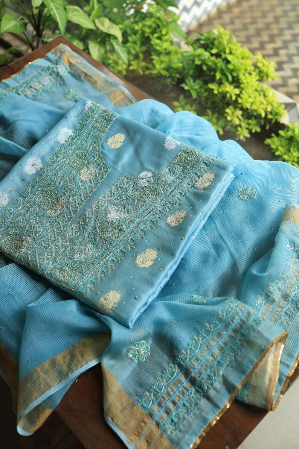 Sky Blue Banarasi Zari Chanderi Unstitched Chikankari Fabrics