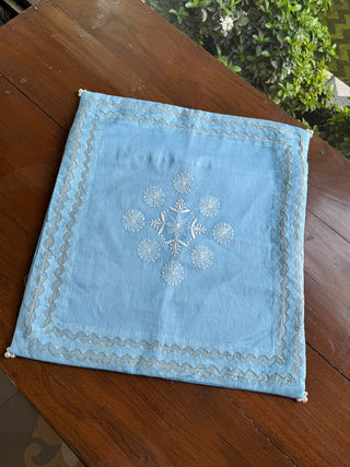 Sky Blue Chanderi Daraz Appliqué Cushion Cover