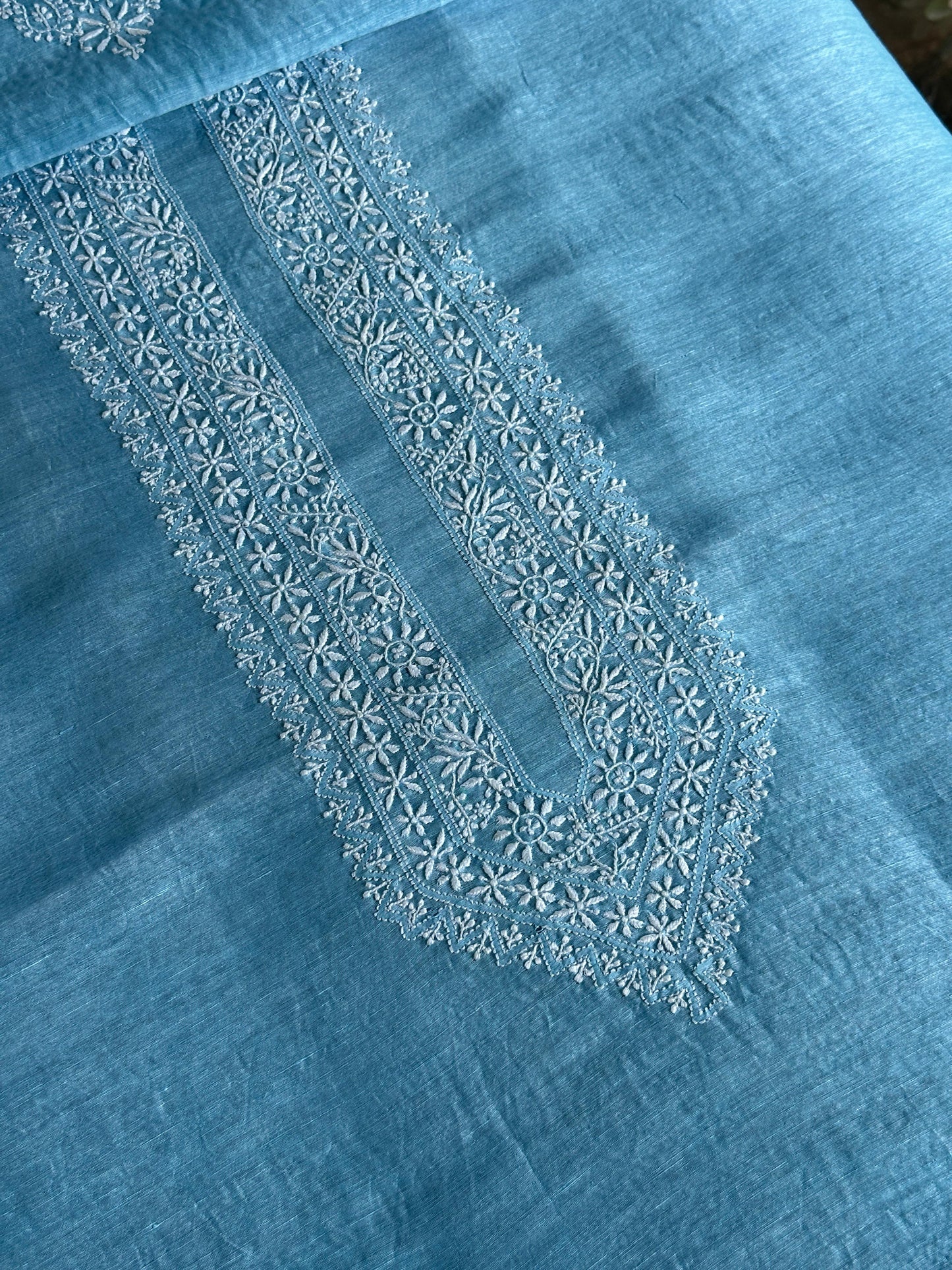 Sky Blue Linen Chikankari Unstitched Men's Kurtas Fabric