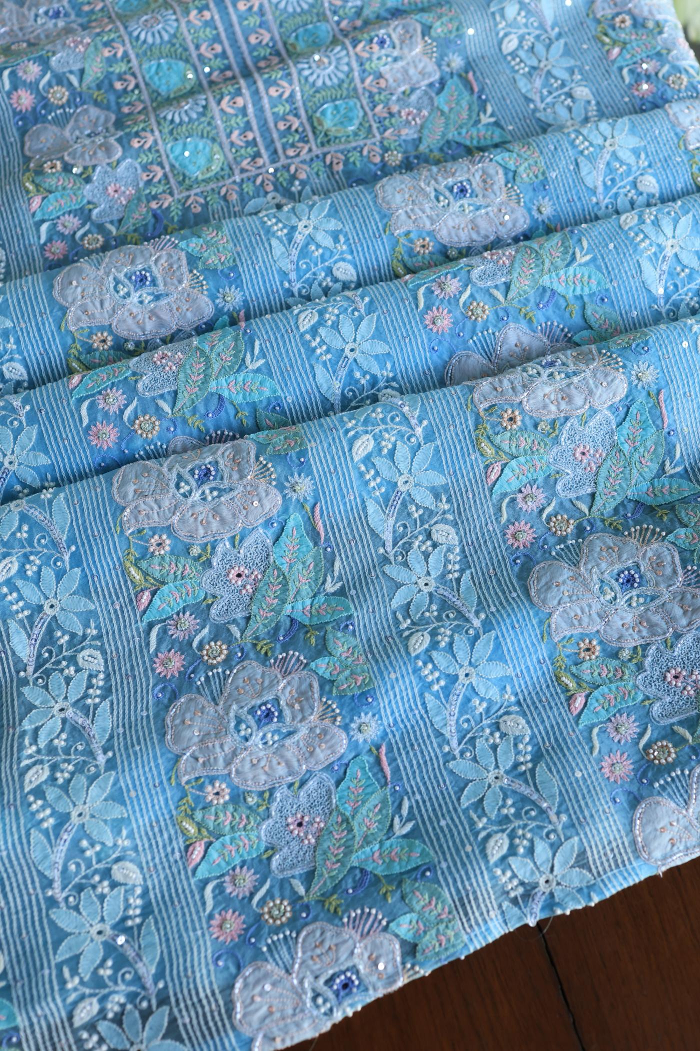 Sky Blue Noor Banarasi Organza Chikankari Unstitched Fabrics