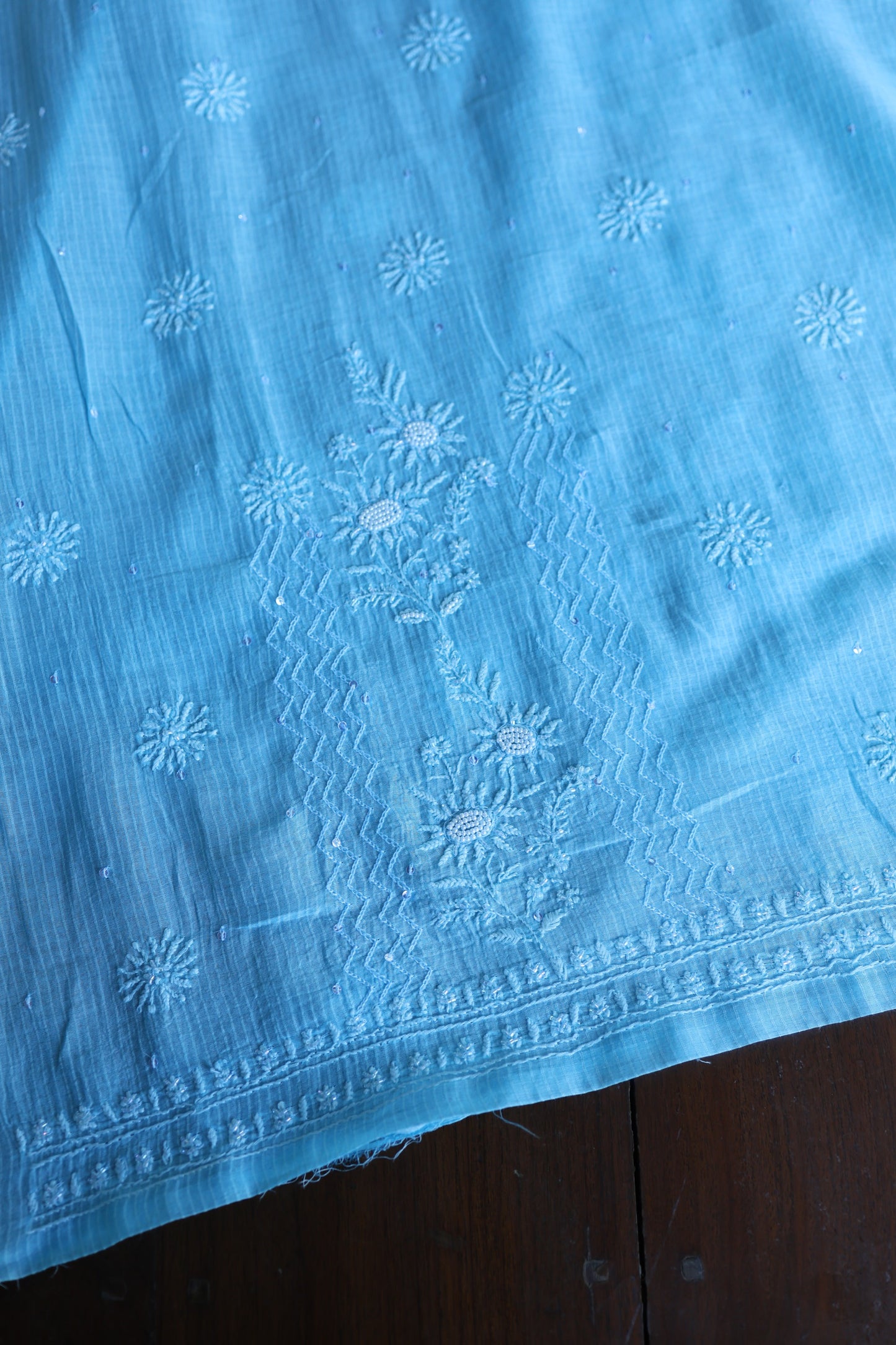 Sky Blue Pearl Work Chikankari Unstitched Fabric