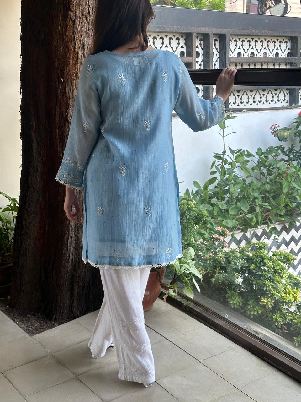 Sky Blue Shade Malmal Chikankari Kamdani Short Kurti