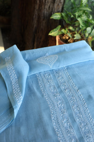 Sky Blue Shade Mulmul Chikankari Unstitched Men's Kurtas Fabric