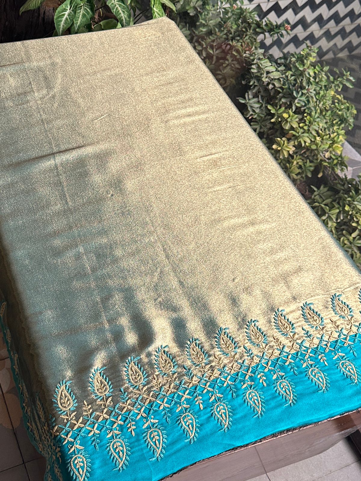 Sky Blue & Golden Shade Saman Tissue Silk Fine Chikankari Shawl
